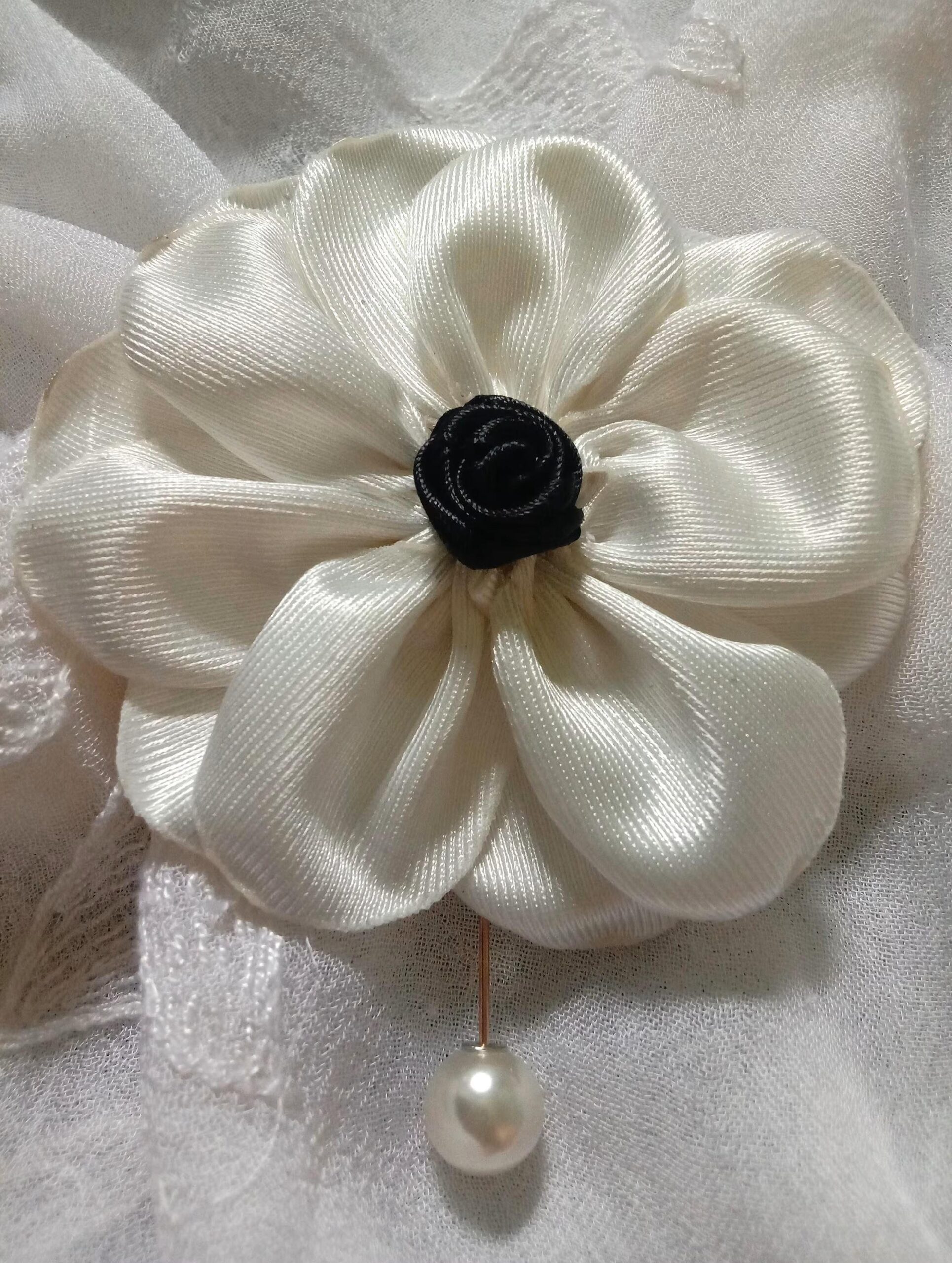 Handmade Monochrome Satin Fabric Brooch and Flower Pin (R19)