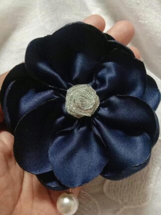 Handmade Navy Satin Fabric Brooch and Flower Pin