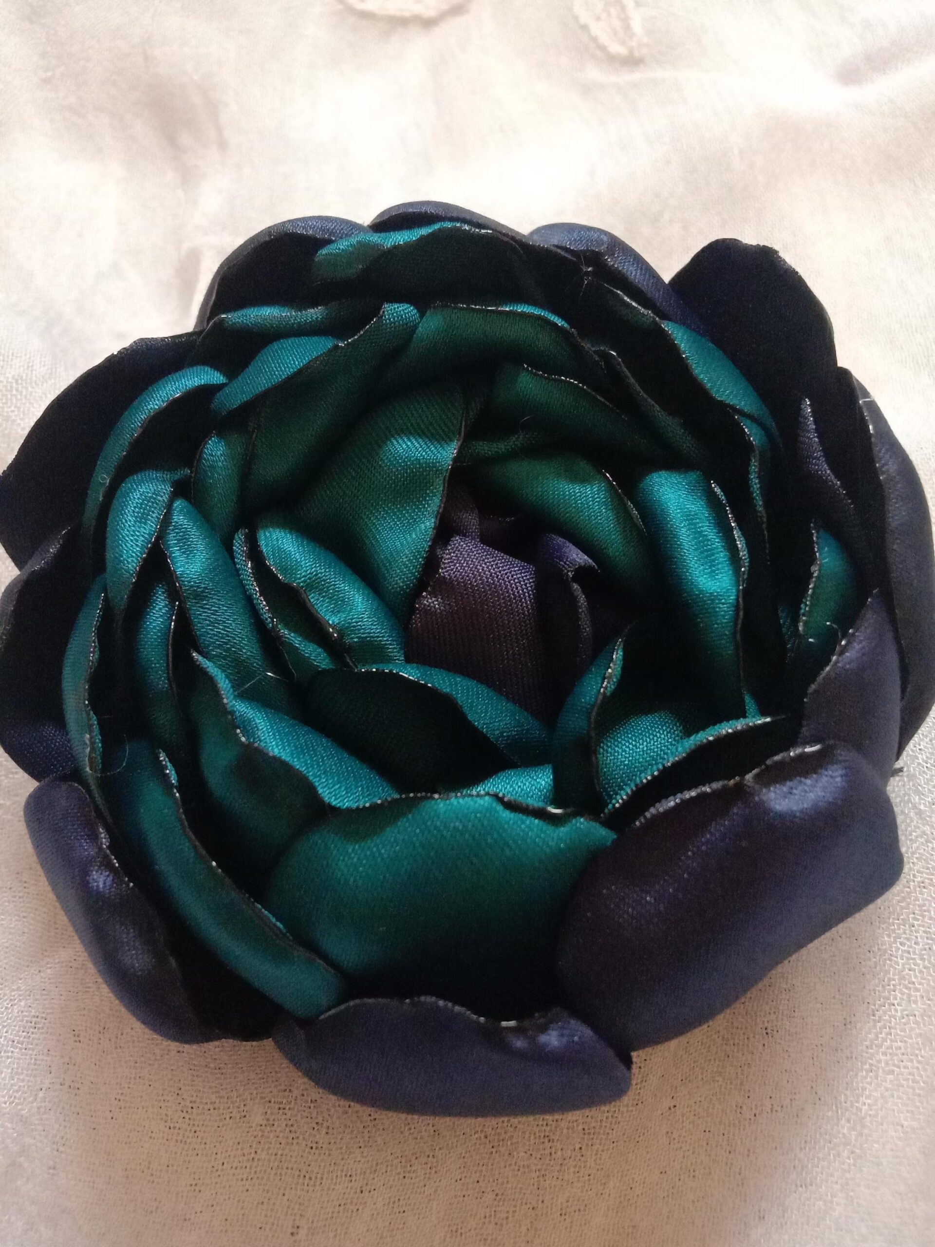 Handmade Navy Emerald Satin Peony Flower (R22)
